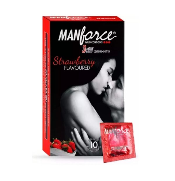Manforce Wild Condom 3 In1 Strawberry Flavour (10 Pcs Pack)