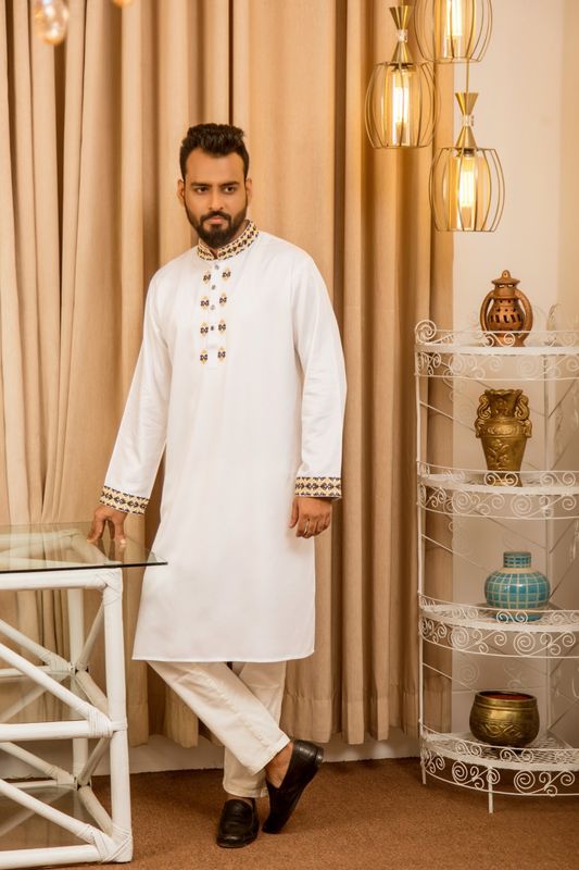 Men's Embroidery Panjabi - White