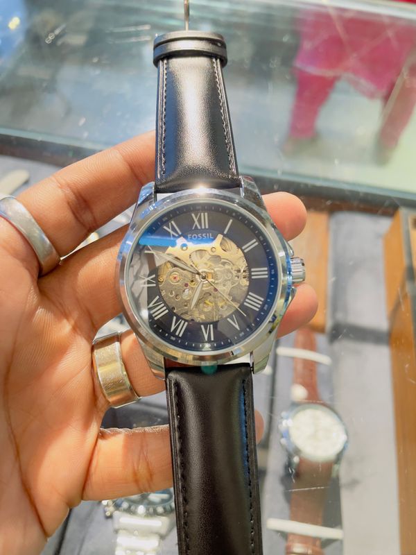 fossil auto black belt black dial silver case aa