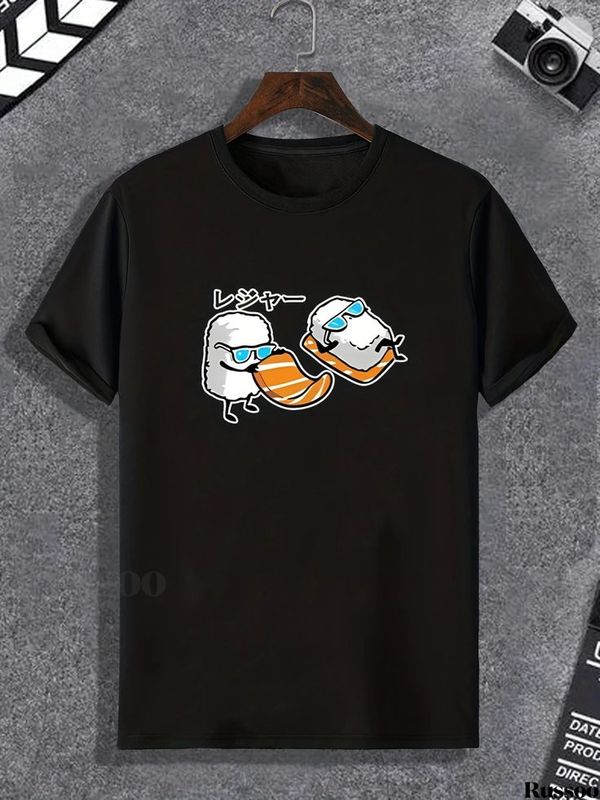 Mens Japanese-inspired Graphic Tee: Sushi Cartoon Print Round Neck Short Sleeve T-shirt - Casual Fashion Statement and Comfortable Loungewear for Summer