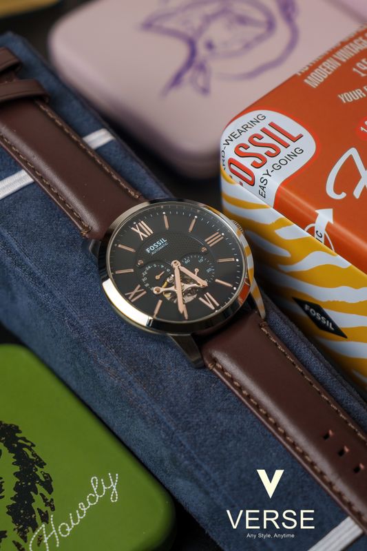 Fossil Townsman ME3061 Men’s 44 mm Automatic Skeleton Watch – Black Dial & Brown Leather