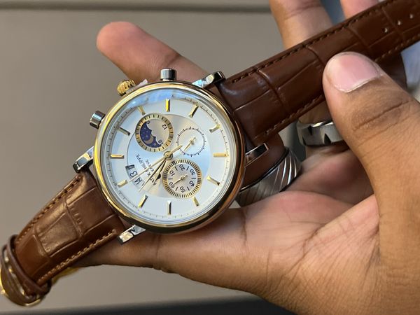 PATEK BROWN BELT SILVER CASE, GOLD BEZEL, WHITE DIAL GOLD SUB