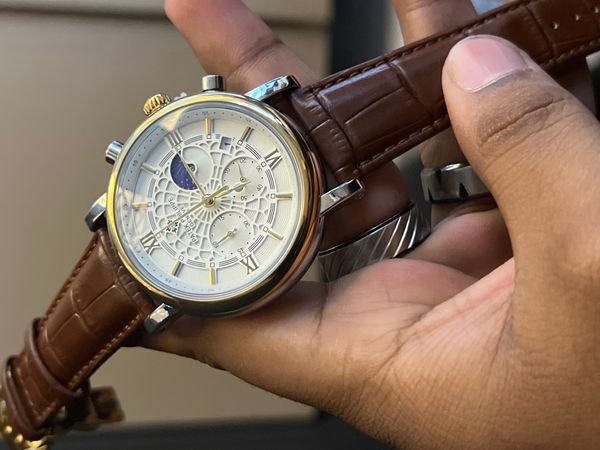 PATEK BROWN BELT SILVER CASE GOLD BEZEL SPIDER WHITE DIAL -