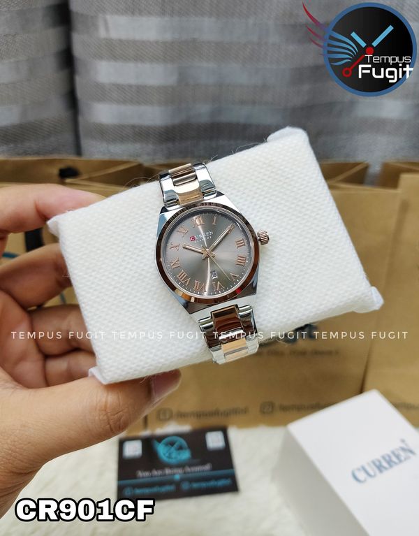 Curren 9095 Ladies Chain Watch- Grey Dial- Rose Golden Bezel- Silver+Rose Golden Chain- TF Code CR901CF