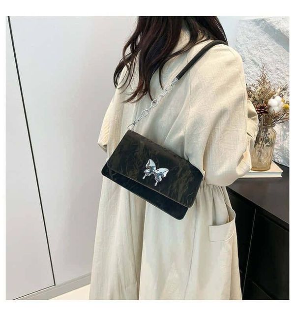 Butterfly Embellished Ladies Underarm Bag Double Chain Tote PU Women Large Capacity Shoulder Bags