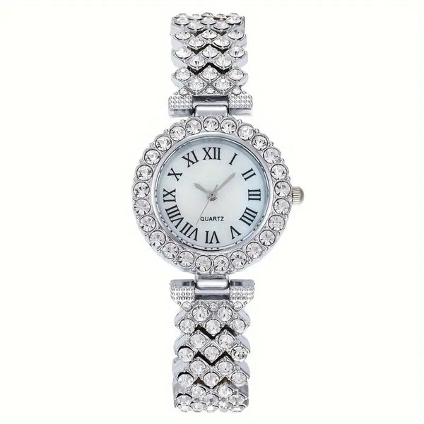 [1pc Elegant Ladies' Rhinestone Wristwatch] 1pc Elegant Ladies' Rhinestone Roman Numeral Quartz Wristwatch, Casual Style Round Alloy Case with Bracelet Band, Non- Fashion Timepiece with Button Battery 34