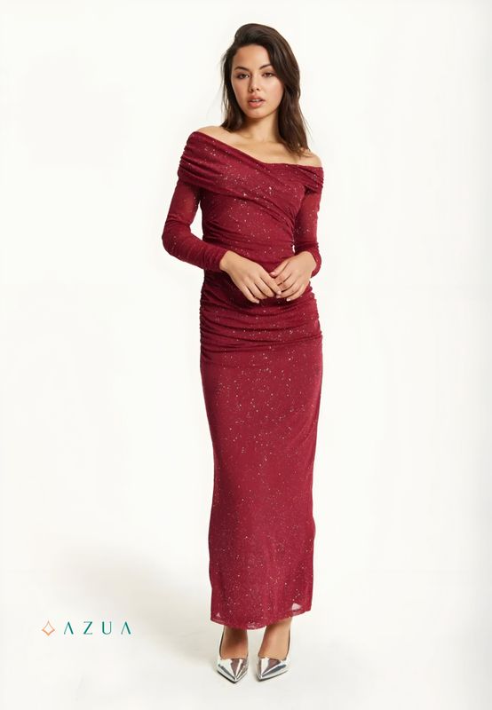 Burgundy Glitter Off-Shoulder Dress