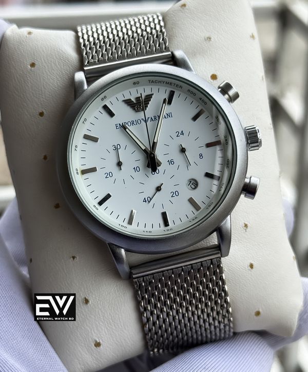 ARMANI MASH CHAIN MATTE WHITE DIAL SILVER CASE