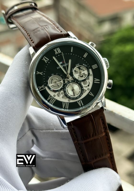 HILFIGER BROWN BELT BLACK DIAL SILVER CASE