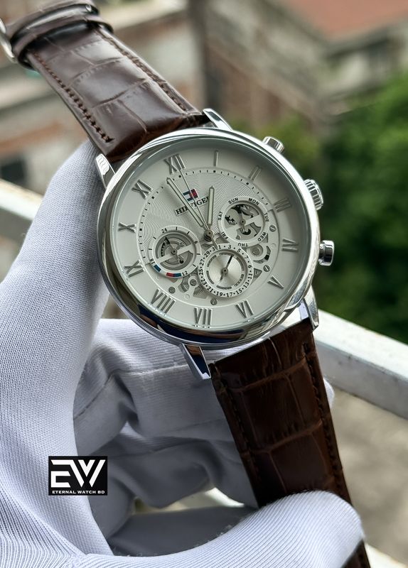 HILFIGER BROWN BELT WHITE DIAL SILVER CASE