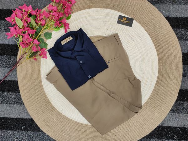Gabadine brown Pant with Formal Nevy blue shirt