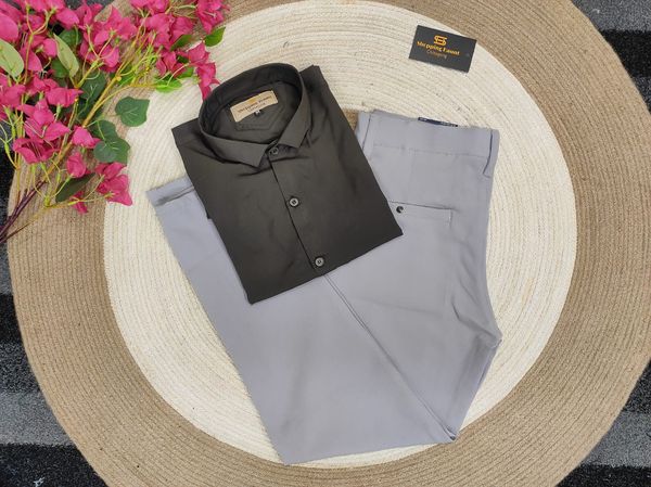 Gabadine ash pant with Dark brown Shirt