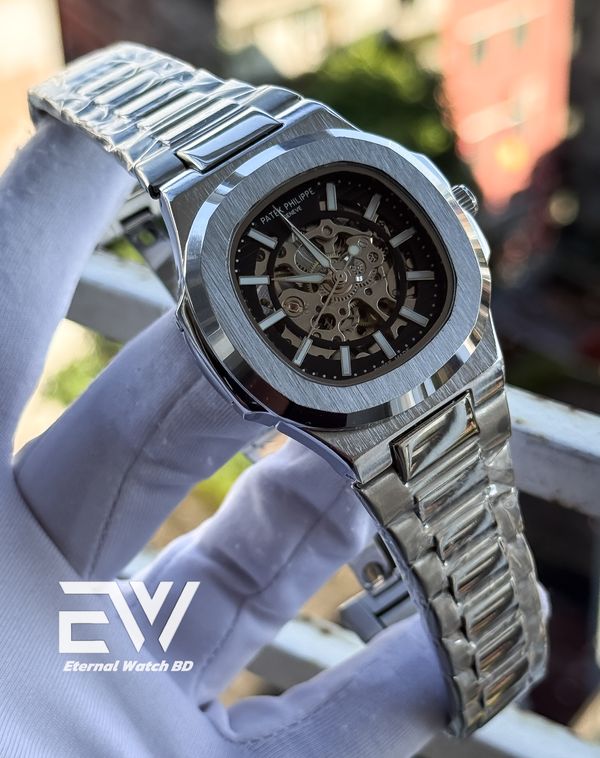 PATEK AUTOMATIC SKELETON SILVER CASE BLACK DIAL