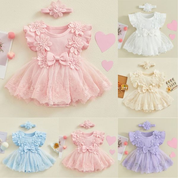 Baby Girl Flower Lace Tulle & 3D Floral Design Romper Dress with Headband (0 to 18 Months)