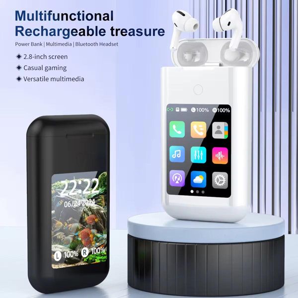 A98 Box Power Bank with 2in1 Earbuds, Large Screen Touch Control, LED Flashlight, HiFi Stereo for Music & Gaming