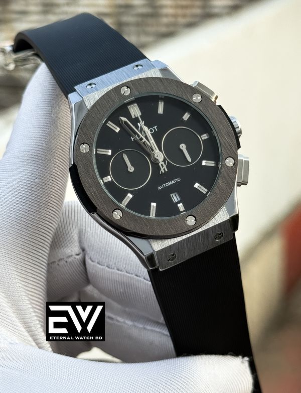 HUBLOT CLASSIC FUSION BLACK SILICON BELT SILVER CASE BLACK BEZEL BLACK DIAL