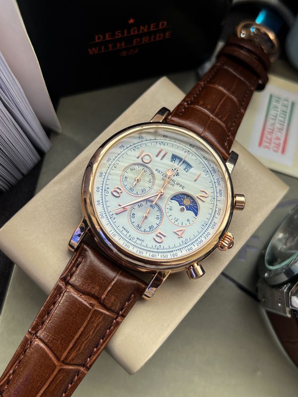 Patek Brown Belt Rose Gold Frame Simple Dial AA