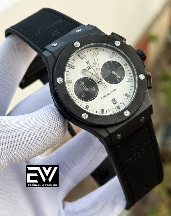HUBLOT CLASSIC FUSION BLACK VELVET BELT WHITE DIAL BLACK CASE