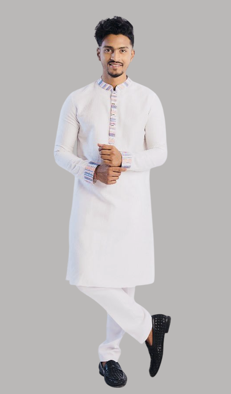 Cotton Classic Panjabi for Men- White with contrast (PJB-010)