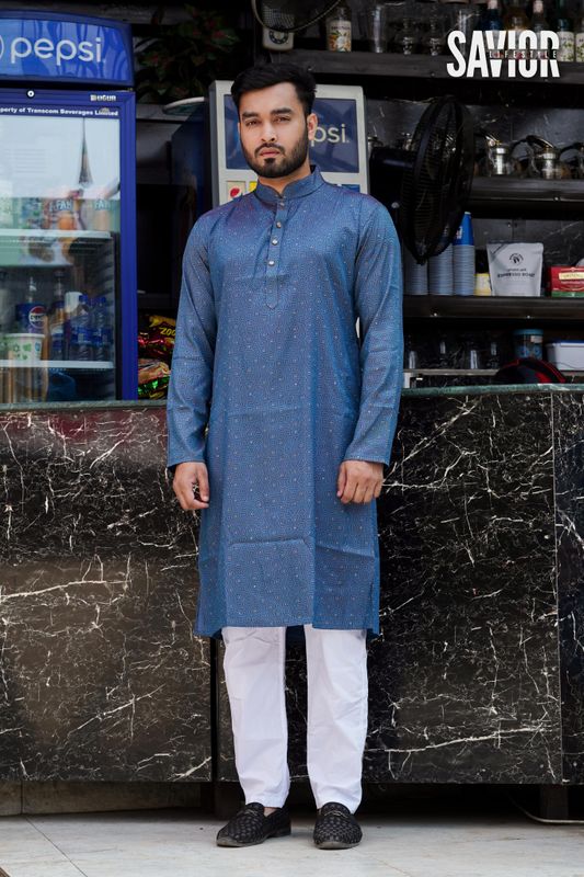 Blue Pattern Premium Panjabi – Festive & Formal Wear