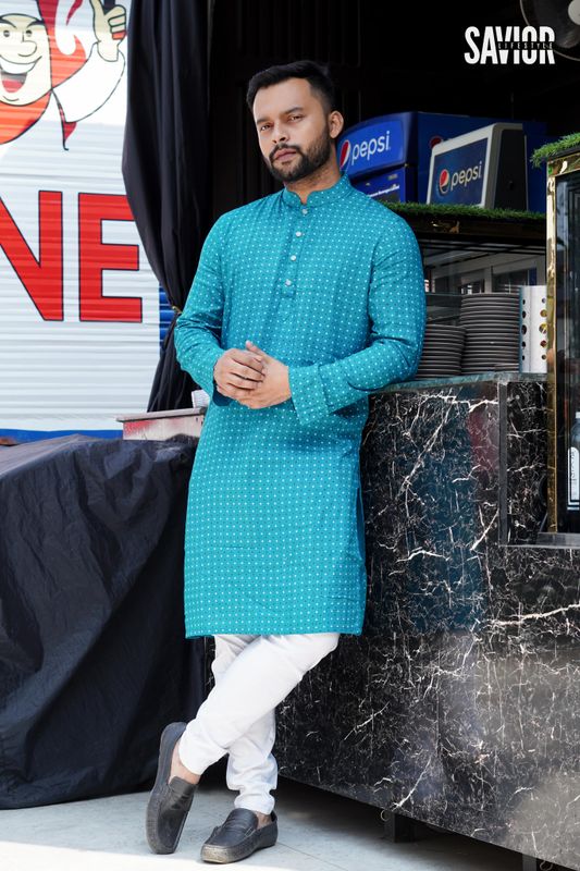 Teal Blue Premium Panjabi – Elegant Festive Wear for Men