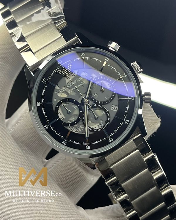 ARMANI UNIQUE CHRONOGRAPH SILVER CHAIN BLACK DIAL (AA)