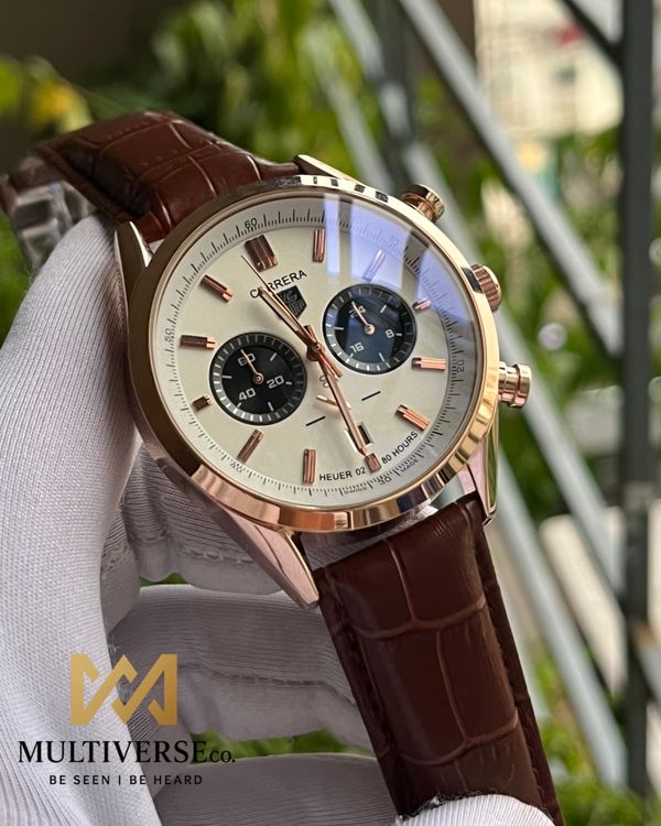 TAG 1969 CHRONO BROWN BELT WHITE DIAL ROSE GOLD BODY (AA)
