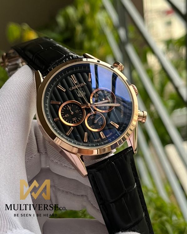 TAG 1969 CHRONO BLACK BELT TEXTURE BLACK DIAL ROSE GOLD BODY (AA)