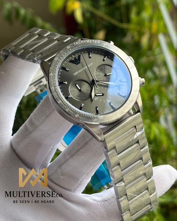 EMPORIO ARMANI CHRONO SILVER CHAIN GREY DIAL MATTE FINISH (AA)