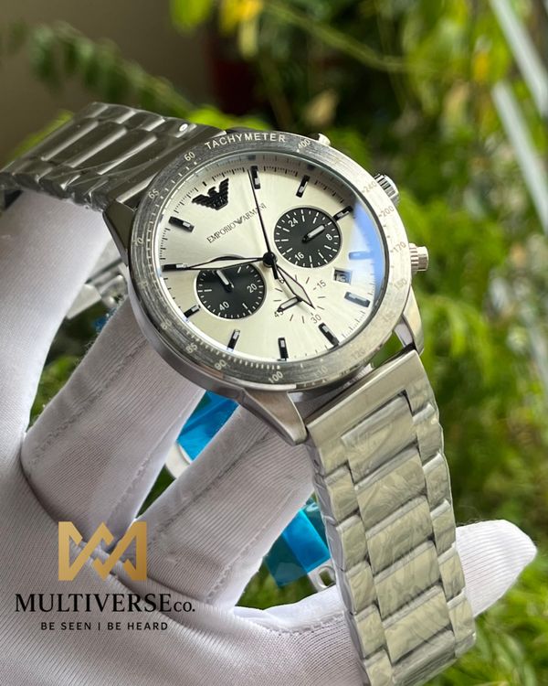 EMPORIO ARMANI CHRONO SILVER CHAIN WHITE DIAL MATTE FINISH (AA)