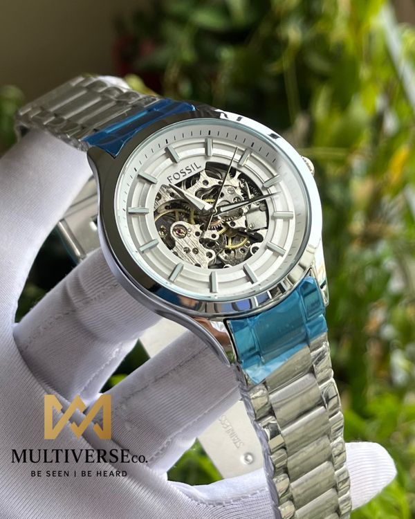 FOSSIL SKELETON AUTOMATIC WHITE DIAL SILVER CHAIN (AA)