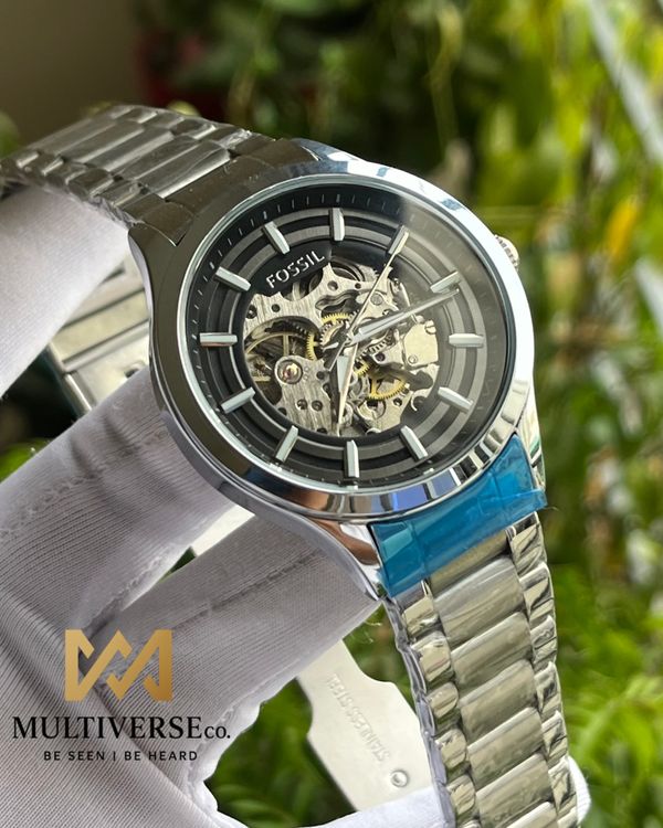 FOSSIL SKELETON AUTOMATIC BLACK DIAL SILVER CHAIN (AA)