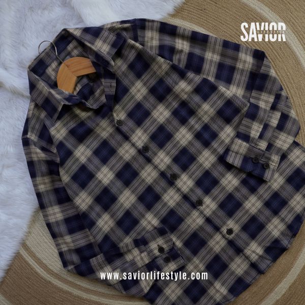 Navy Beige - Pocketless Full Sleeve Check Shirt