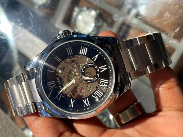 fossil auto 60 sec black dial silver chain aa