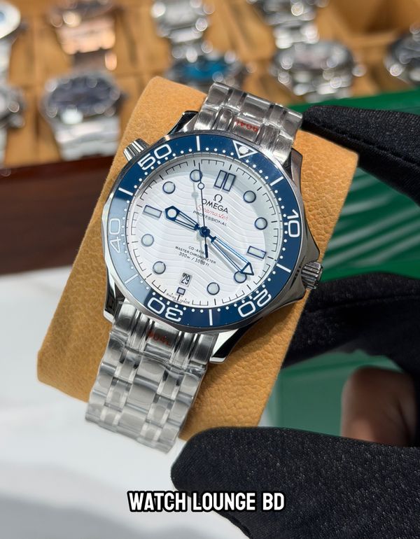 Omega Seamaster blue bezel white dial