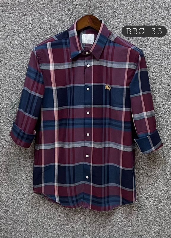 Burberry London England Men's Plaid Button-Up Shirt – Burgundy & Navy