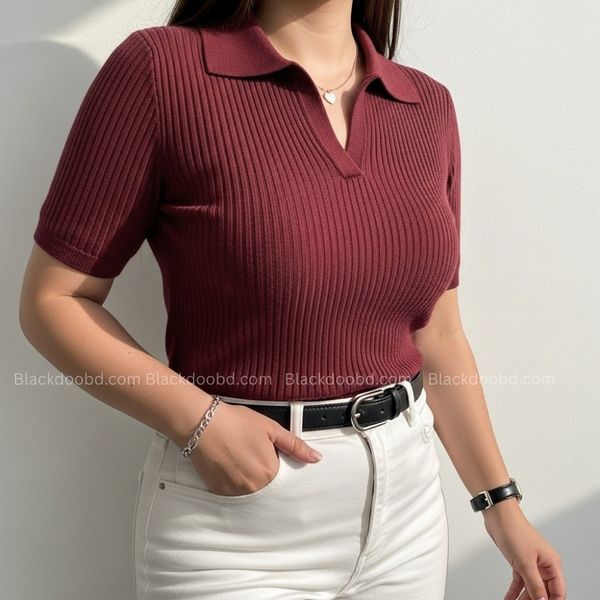 Old Money Women's Polo – Ribbed Cotton Knit | Maroon