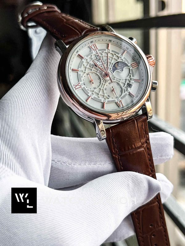 PATEK BROWN BELT SILVER CASE ROSE GOLD BEZEL SPIDER WHITE DIAL