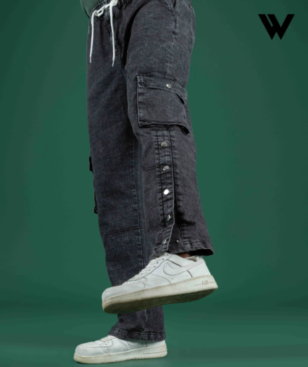 Black Acid Snap Button Jeans