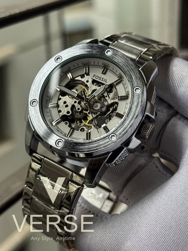 FOSSIL AUTO CHAIN BIG DIAL SILVER CHAIN WHITE DIAL