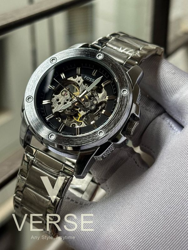 FOSSIL AUTO CHAIN BIG DIAL SILVER CHAIN BLACK DIAL