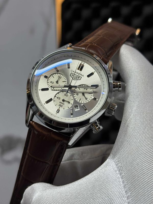 TAG THREE CHRONO BROWN BELT WHITE DIAL