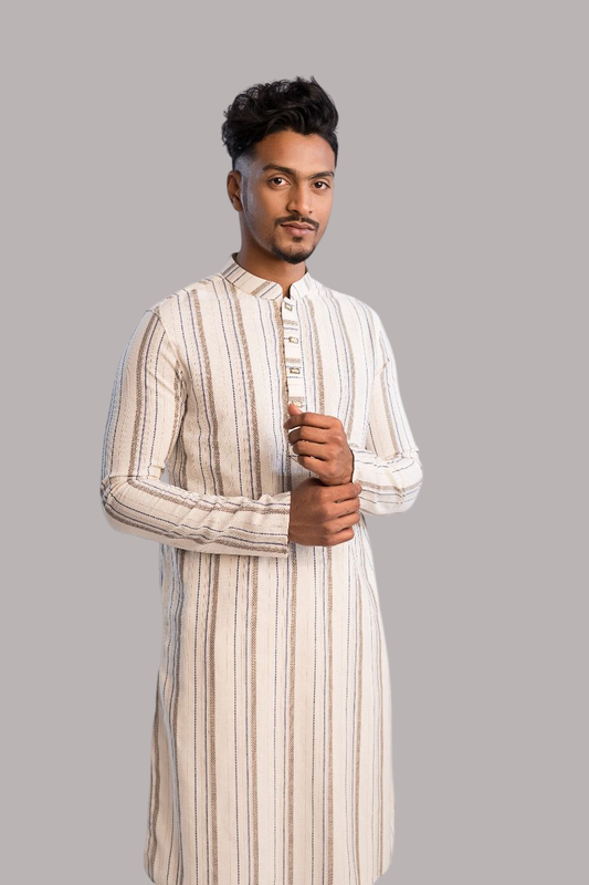 Cotton Classic Panjabi for Men- Off White with Blue Stripe(PJB-002)
