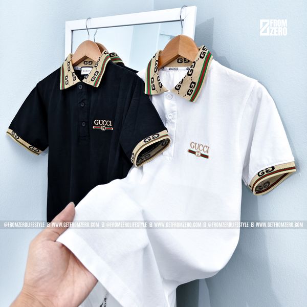 2PC Premium Polo Shirt - 100% PK Cotton Fabric - Black & White (Gold Collar)