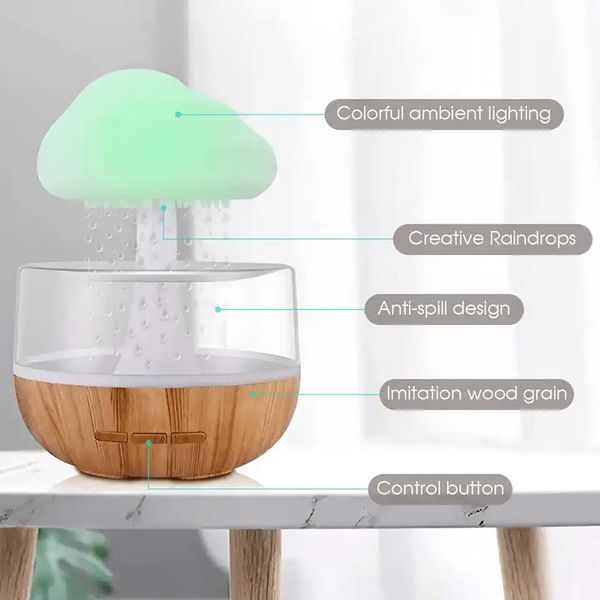 Rain Cloud Humidifier Rain Colorful Mushroom CloudRaindrop Atmosphere Lamp Night Light Essential OilHumidifier Machine