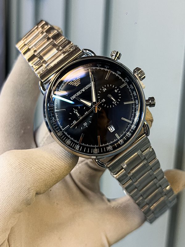 Armani Meccanico Chain Silver Black Dial Plain