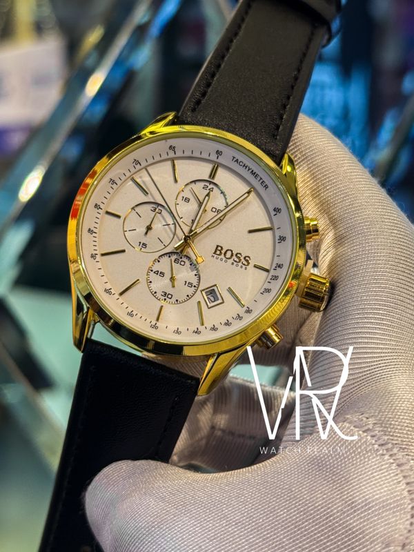 BOSS BELT 3 CHRONO GOLD CASE WHITE DIAL