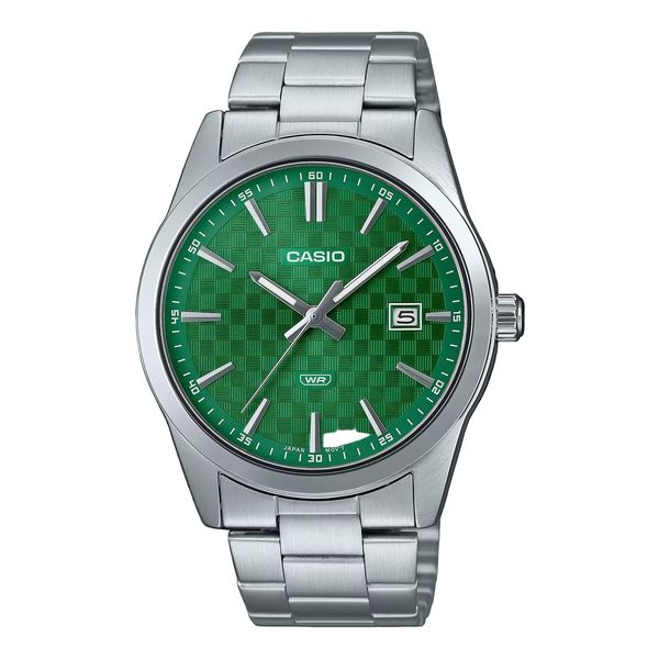 CASIO MEN’S SILVER STAINLESS STEEL WATCH WITH GREEN DIAL | MTP-VD03D-3A1