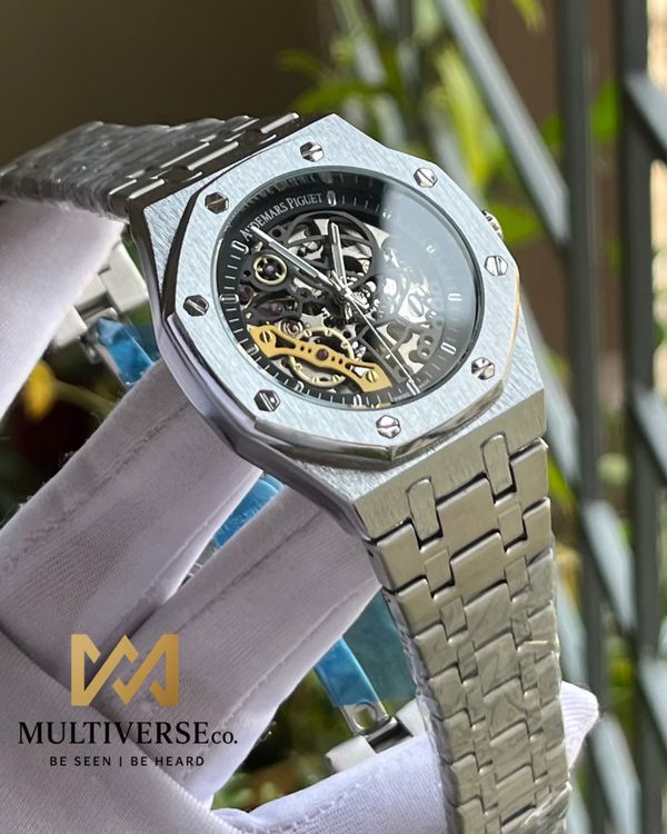 AP SKELETON AUTOMATIC BLACK DIAL SILVER CHAIN (AA)