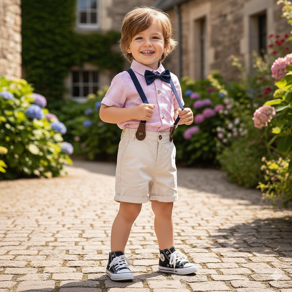 Kids Boys Summer Gentleman Outfit – Bow Tie Shirt & Shorts with Suspenders (6 Months to 5 Years)